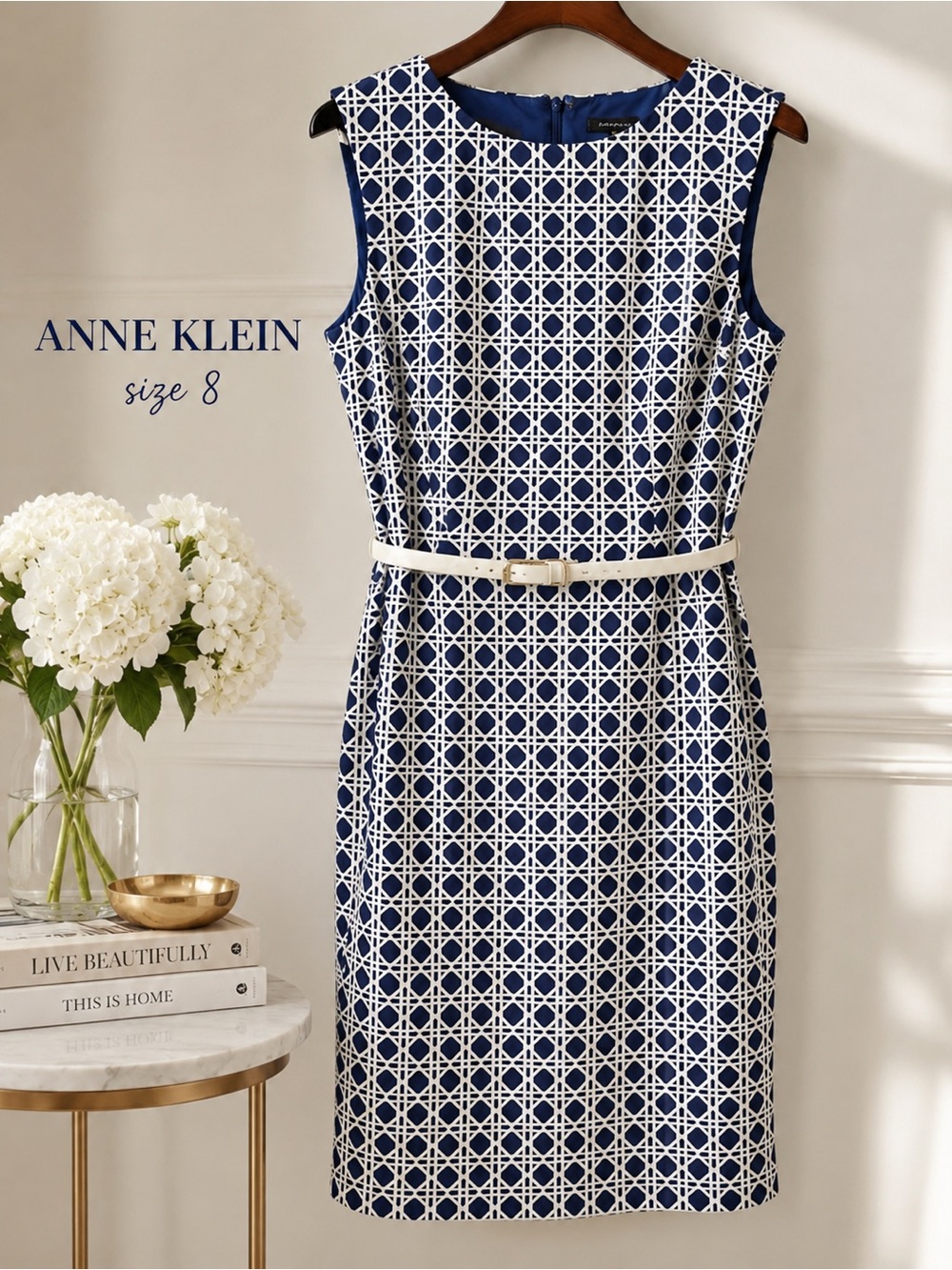 Anne Klein Navy & White Geometric Sleeveless Sheath Dress with Belt